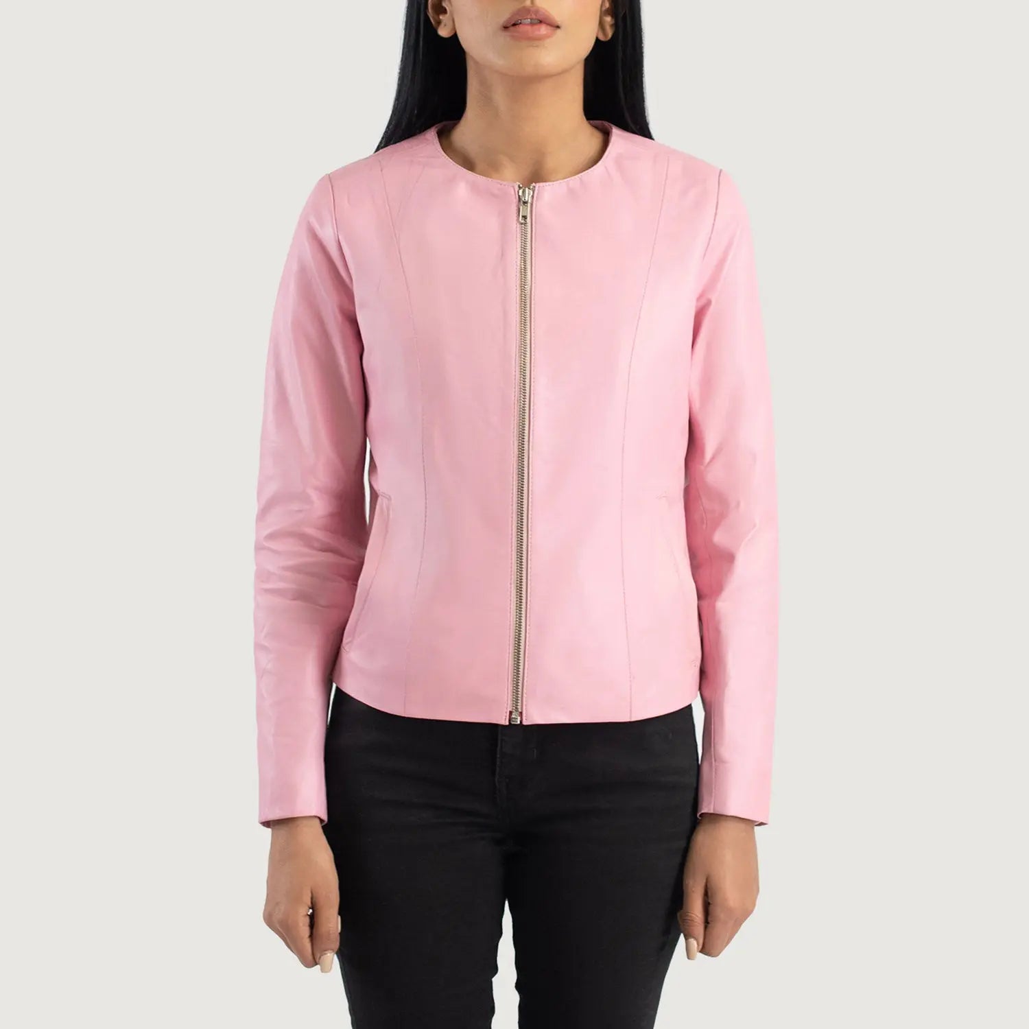 Pink Collarless Leather Jacket Fashion Hipe