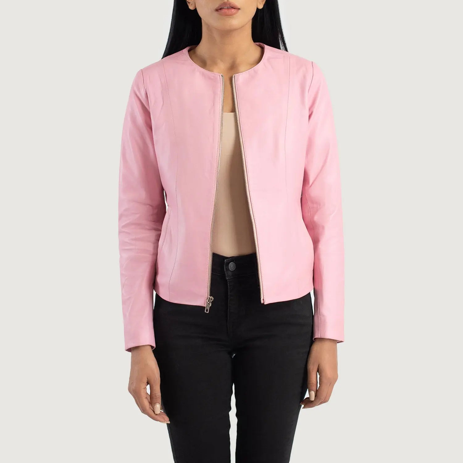 Pink Collarless Leather Jacket Fashion Hipe