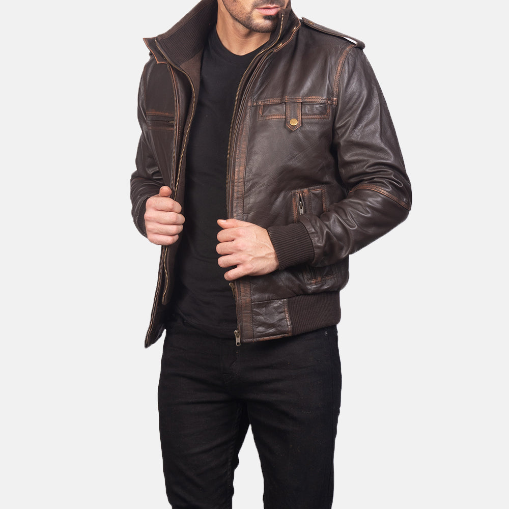 GlenS Brown Leather Bomber Jacket Fashion Hipe