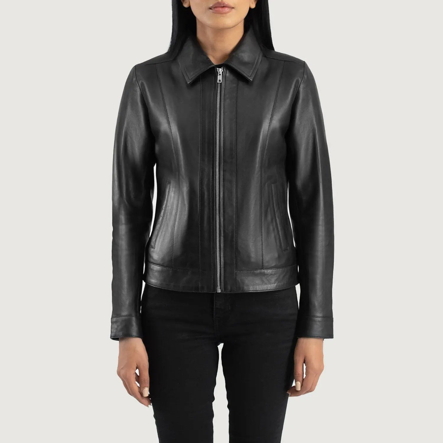 Women Black Classic Collar Leather Jacket Fashion Hipe