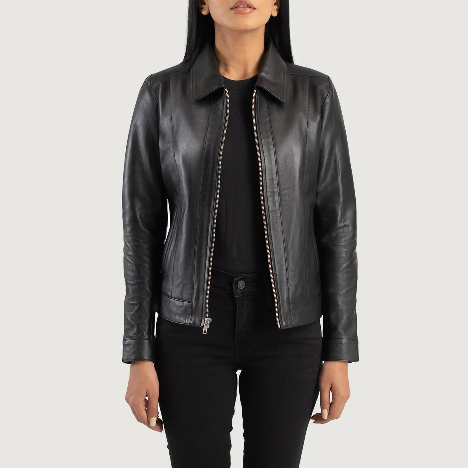 Women black classic collar leather jacket