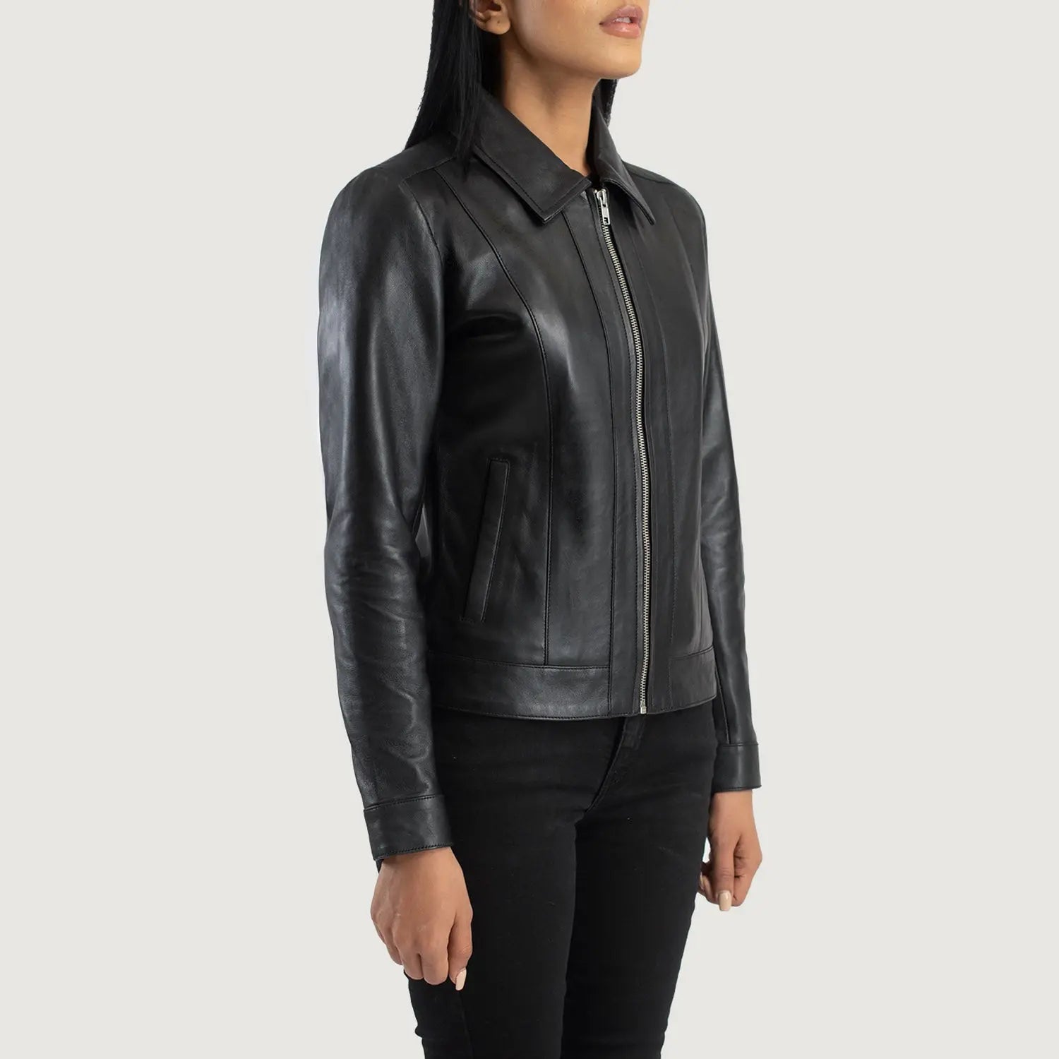 Women black classic collar leather jacket