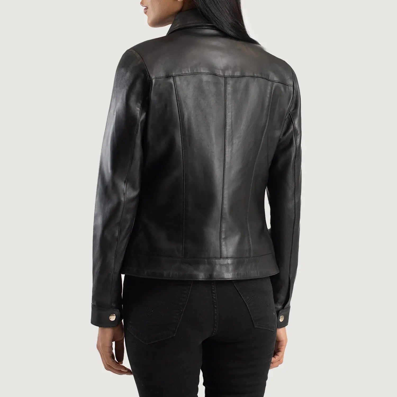 Women black classic collar leather jacket