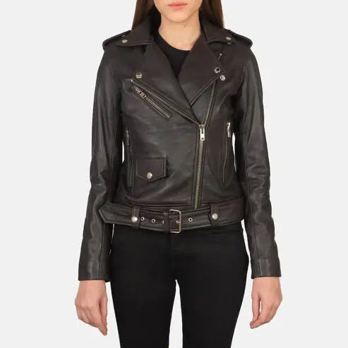 Women Brown Biker Leather Jacket | Waist Belt Fashion Hipe