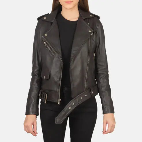 Women Brown Biker Leather Jacket | Waist Belt Fashion Hipe