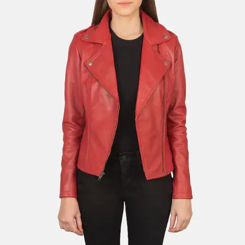 Women Red Flashback Leather Jacket Fashion Hipe